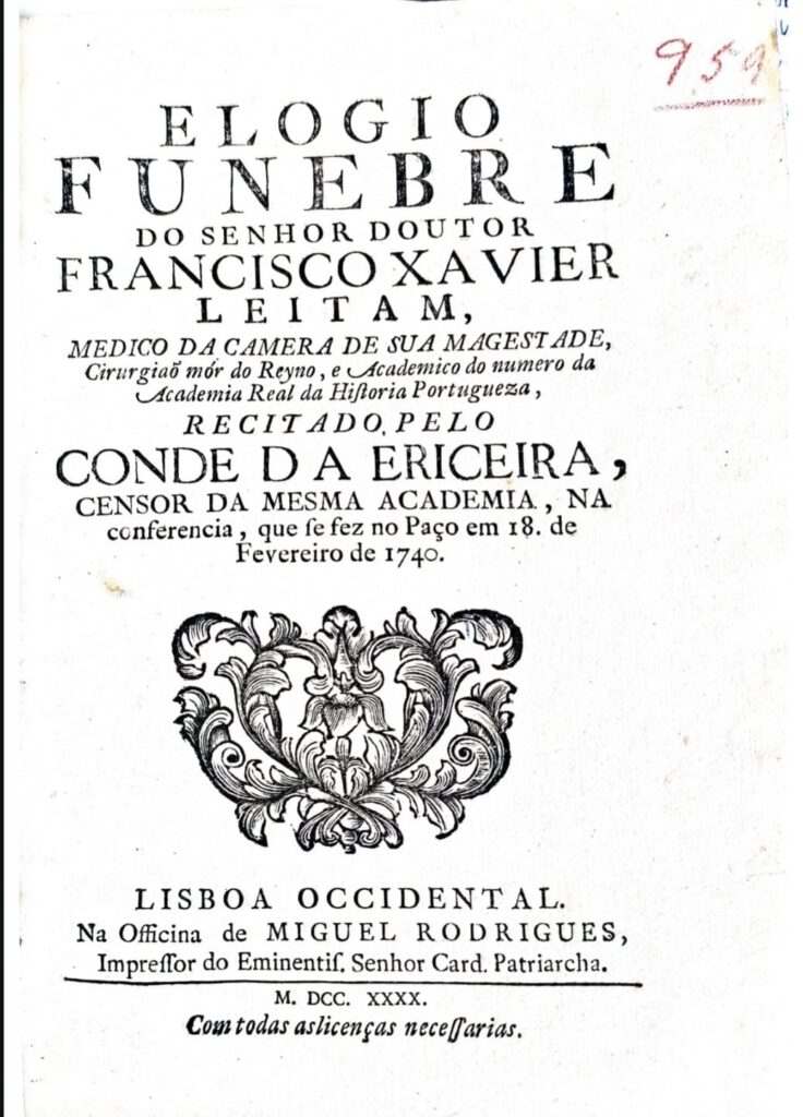 Conde da Ericeira, Frontispício da obra Elogio fúnebre do senhor Doutor Francisco Xavier Leitão (1740), Lisboa: Biblioteca Nacional de Portugal.