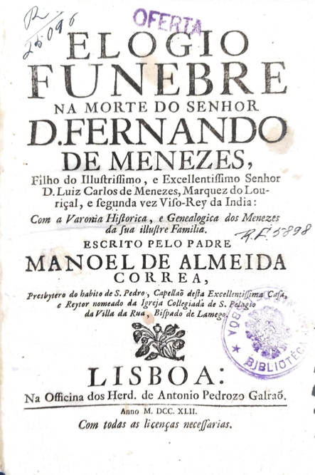 Conde da Ericeira, Frontispício da obra Elogio na morte de D. Fernando (1742), Lisboa: Biblioteca Nacional de Portugal.