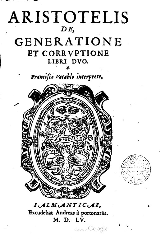 Frontispício da obra de Aristóteles, intitulada De Generatione et Corruptione (1555).