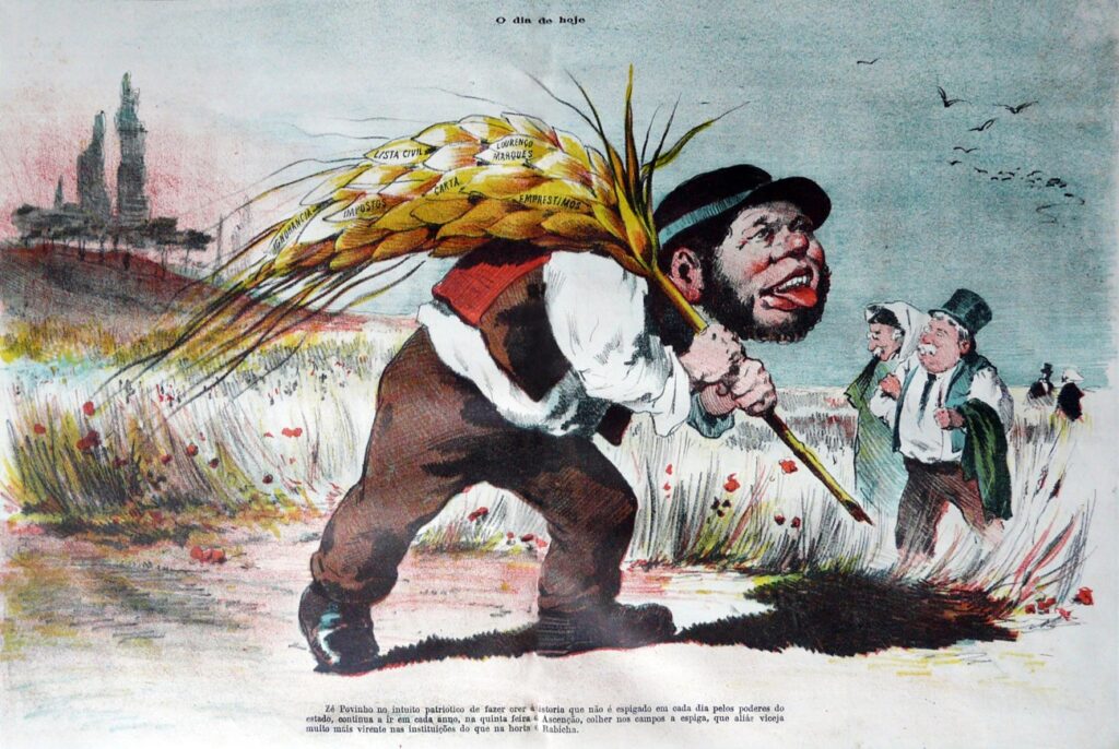 O Zé Povinho foi ao campo no Dia da Espiga. Ilustração de Bordalo Pinheiro para O António Maria, de 26/5/1881. 