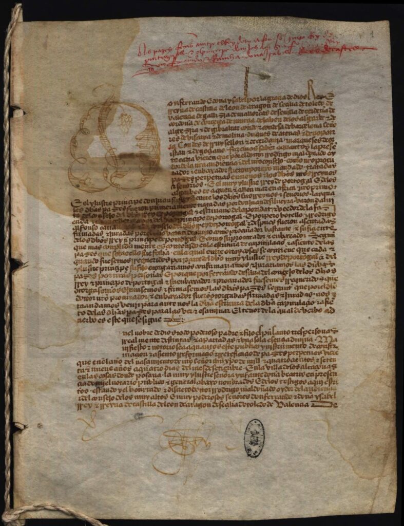 Ratificação do Tratado de Alcáçovas feita e assinada por D. Fernando e D. Isabel, reis de Castela, Leão e Aragão, e entregue a Fernando da Silva para a dar ao Rei e ao Príncipe de Portugal (acervo do Arquivo Nacional da Torre do Tombo)