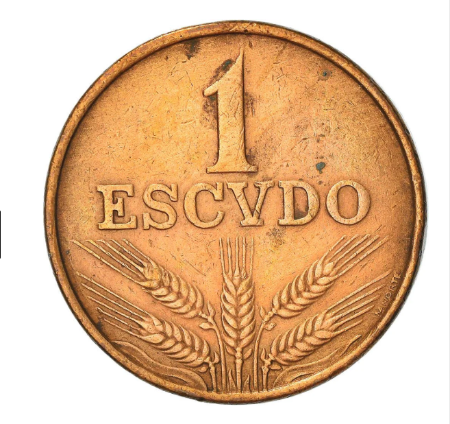 O dinheiro como símbolo de riqueza. Moeda de 1 Escudo 'Espiga de trigo', KM597 (1969-1979). Palavras para quê, é uma moeda portuguesa!