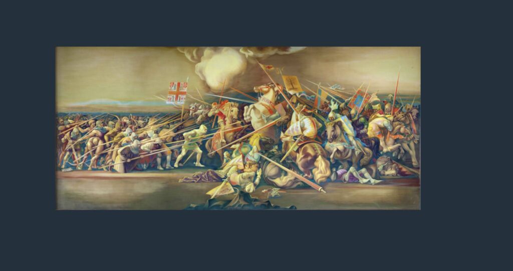 Fresco da Batalha dos Atoleiros, em Fronteira, do pintor Jaime Martins Barata, pintado na parede da sala de audiências do antigo Tribunal de Fronteira