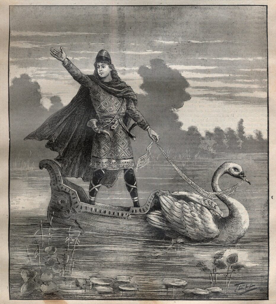 Gravura do séc. XIX que retrata Lohengrin em uma nacele puxada um cisne, cena inspirada na ópera Lohengrin, de Richard Wagner